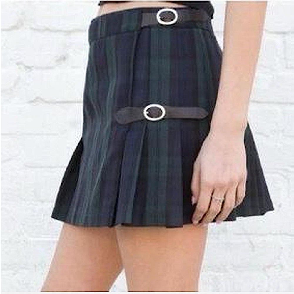 SOLD Brandy Melville Green Plaid Pleated Buckle Mini Skirt